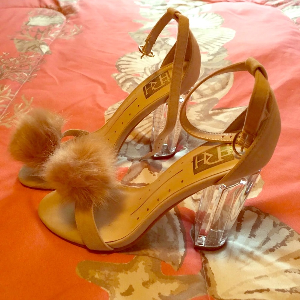 Tan fur glass heels